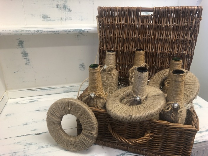 glass bottle hamper hoopla with rings, rustic twine